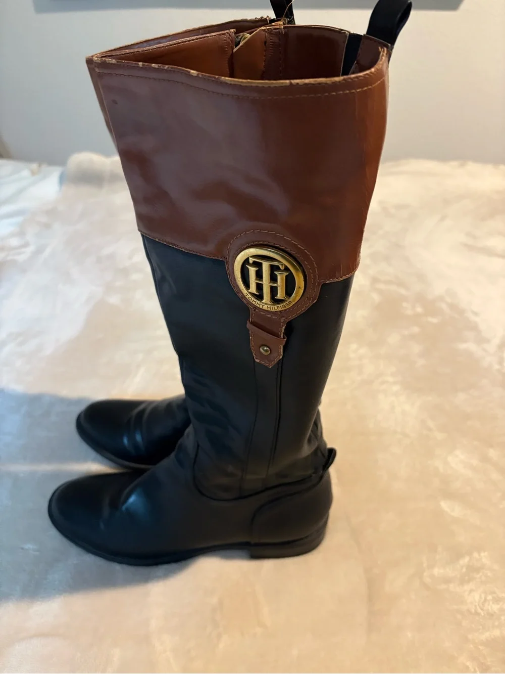 Tommy Hilfiger Black and Brown Leather Riding Boots with Gold Logo